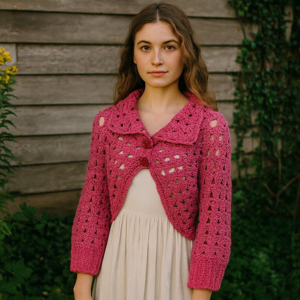Vintage 1990s Hand Crocheted Barbie Pink Shrug Cardigan Sweater S